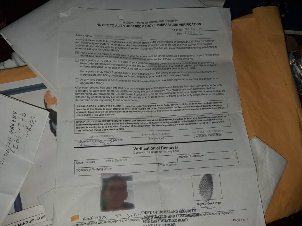 Removal form with forced "thumbprint" signature, November 2018