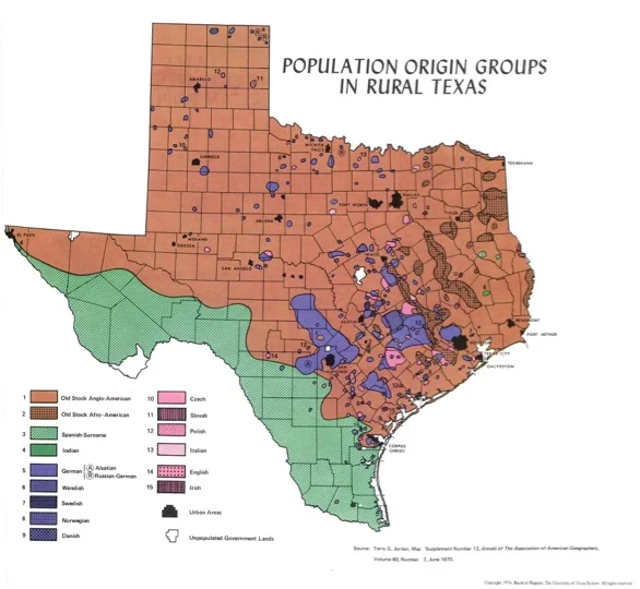 Map of the distribution of different ethnic groups throughout Texas; German in solid purple. Image included in accordance with Title 17 U.S.C. Section 107.