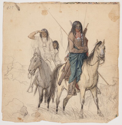 Plains Indians on horseback in traditional costume