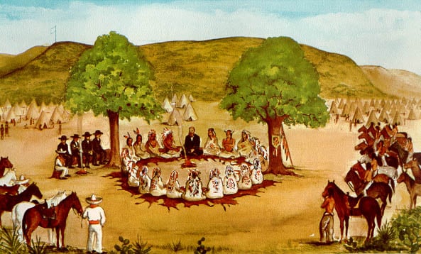 Painting, Treaty of Peace by John O. Meusebach and Colonist with the Comanche Indians, March 2, 1847, by Mrs. Ernest Marschull. Courtesy of the Texas State Library and Archives Commission. Image included in accordance with Title 17 U.S.C. Section 107.