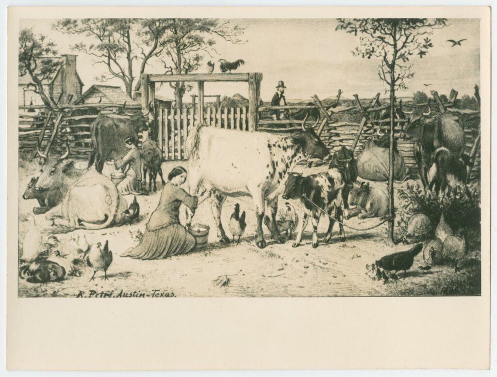 Photographic reproduction of a drawing by Richard Petri of women milking cows. Other animals are also in the scene and a man is walking behind a fence.