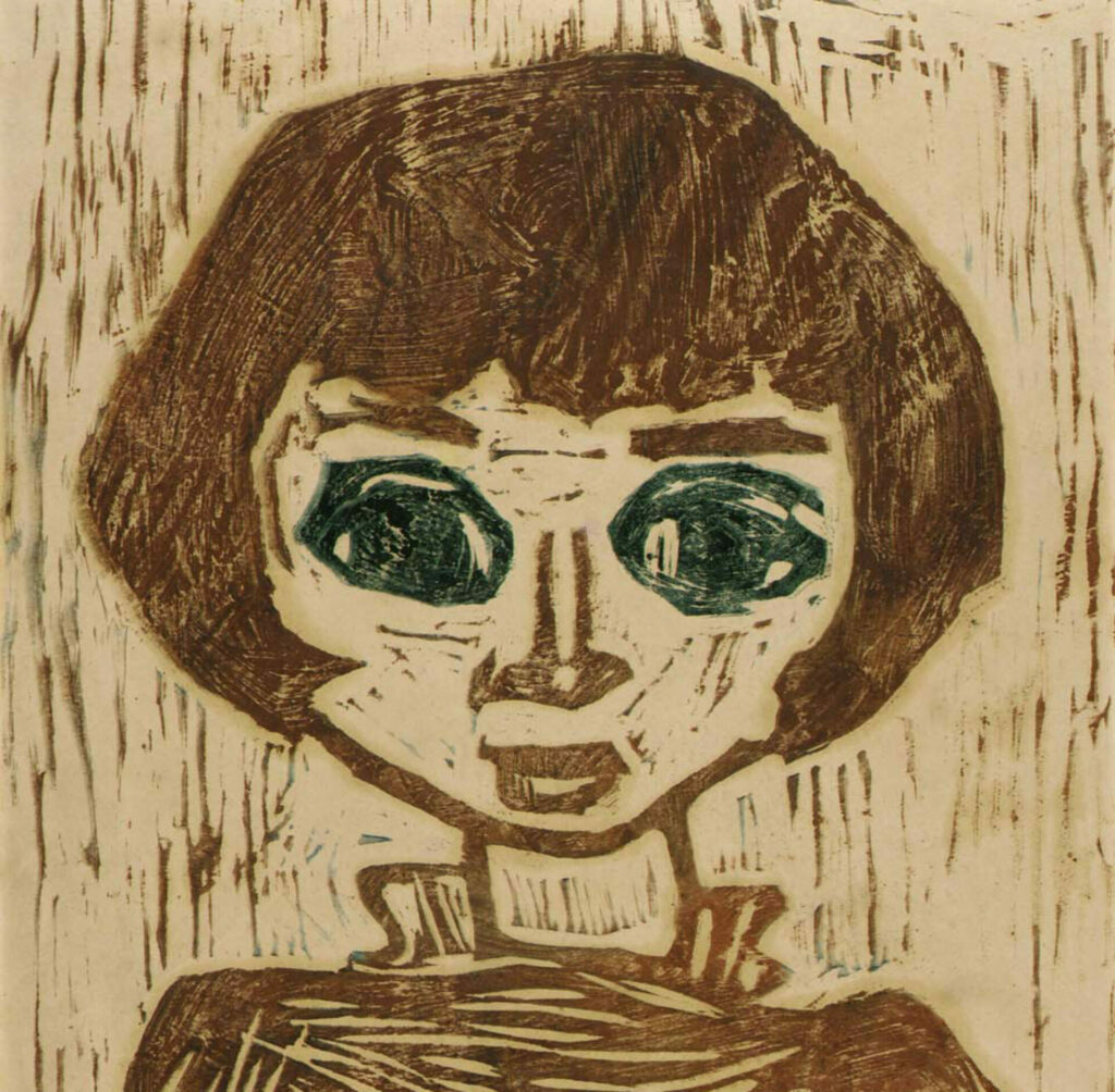 Woodcut image of child with very large eyes, drawn with the heavy lines characteristic of woodcuts. Brown and tan with dark green eyes.