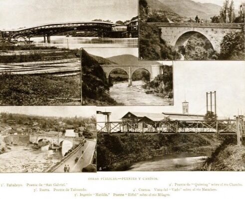 Collage of sepia-toned, historical photographs of bridges in a variety of architectural styles over bridges in Ecuador.