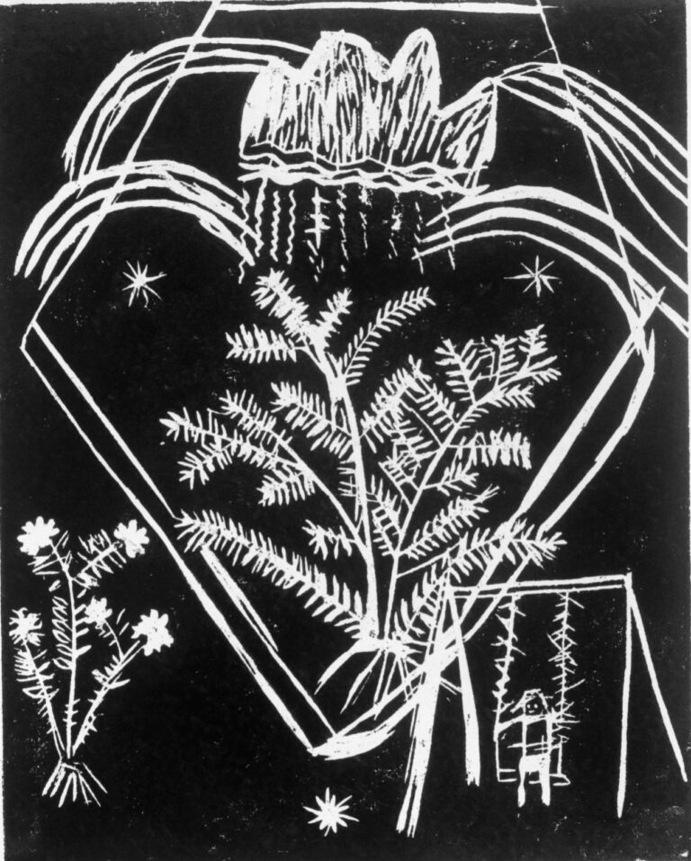 Black and white engraving with a plant and swingset.