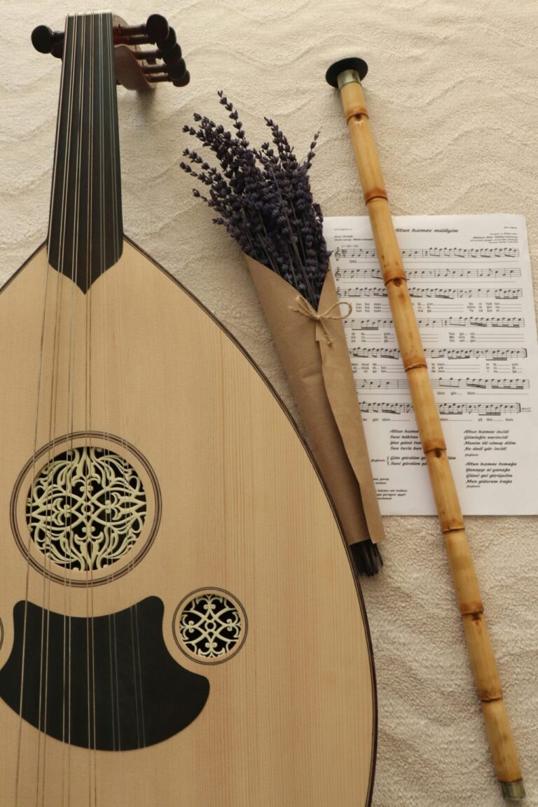 Stringed instrument and flute alongside a sheet of music and dried flowers.