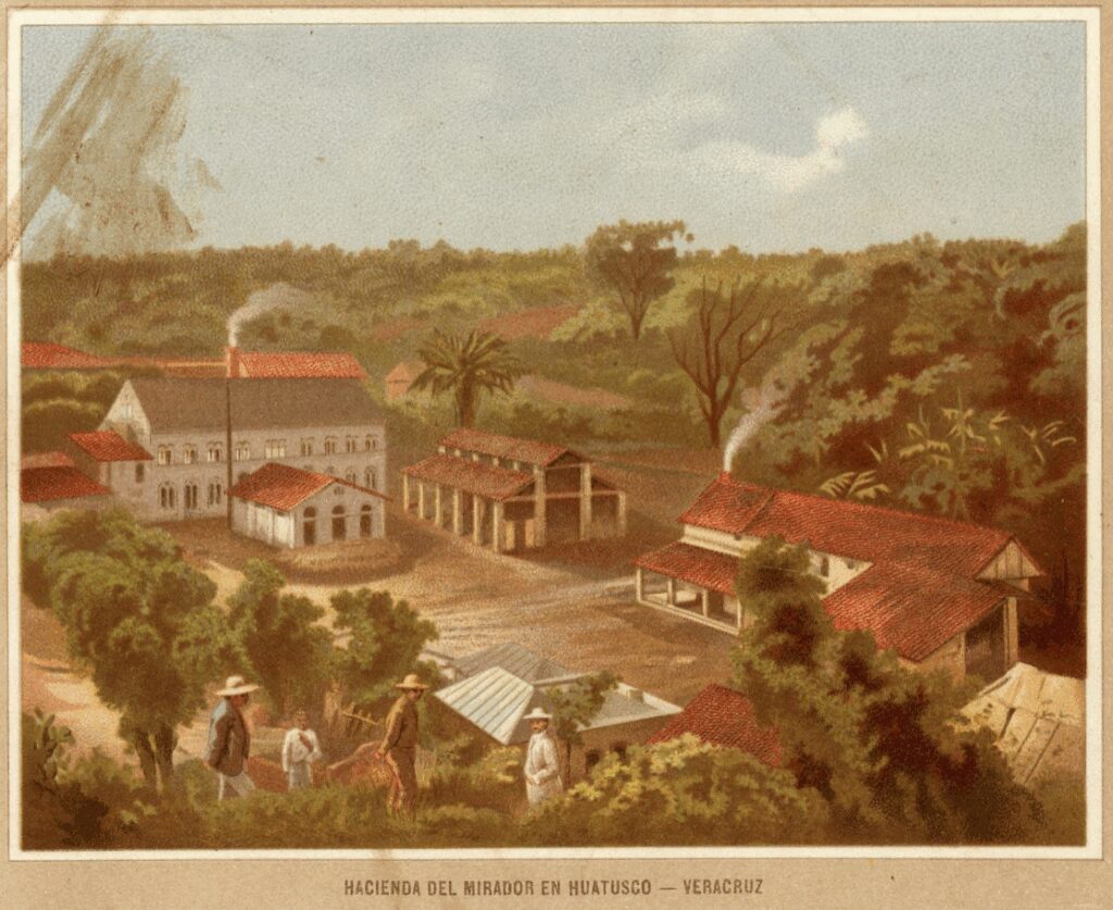 Smudged painting of plantation site with several buildings around a square, palm and other trees in the background, and workers in the foreground.
