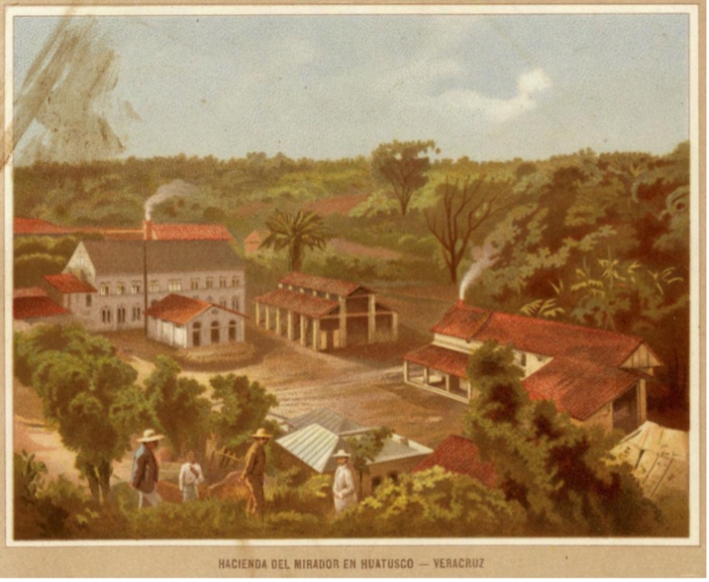 Smudged painting of plantation site with several buildings around a square, palm and other trees in the background, and workers in the foreground.