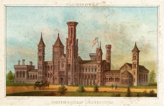 Large castle with turrets, an American flag, and a path with a stagecoach lined with trees in front. Vintage postcard look with the caption Smithsonian Institution.